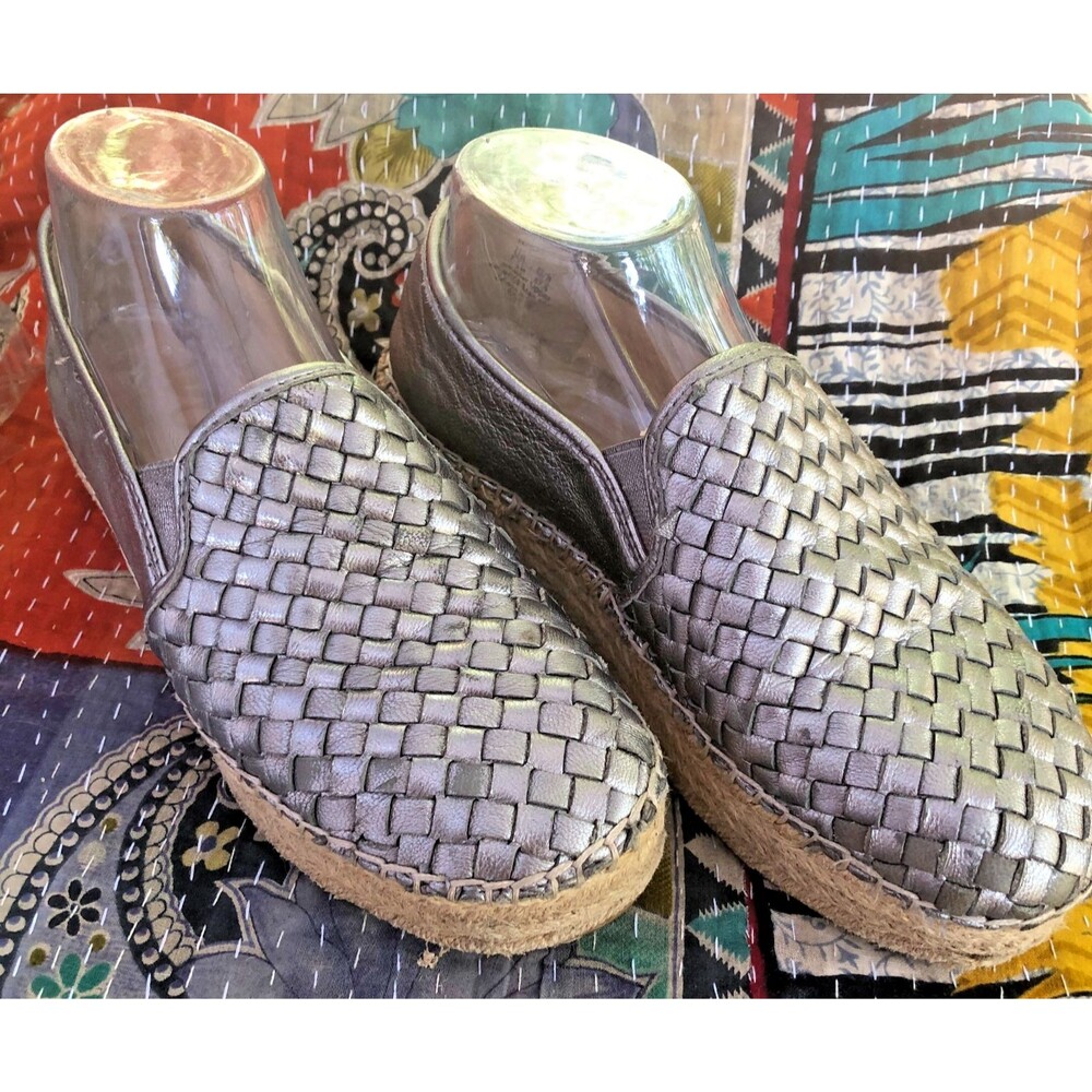 SAM EDELMAN CATHERINE Metallic Gray Woven Leather Espadrille Loafers 7.5